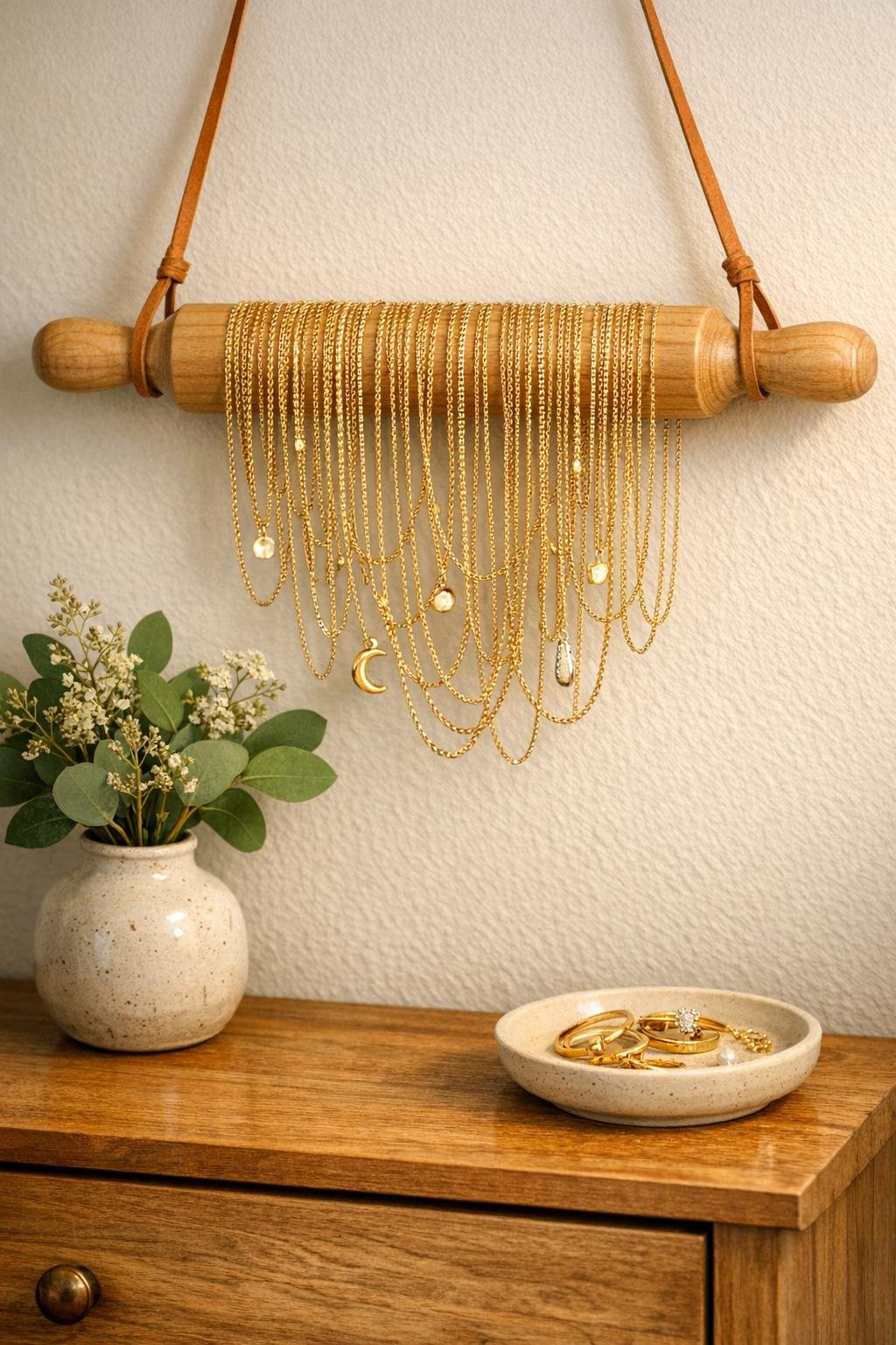 Finished rolling pin necklace display in a bedroom