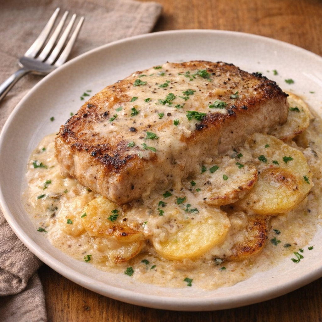 Plated pork chop with creamy scalloped potatoes for dinner