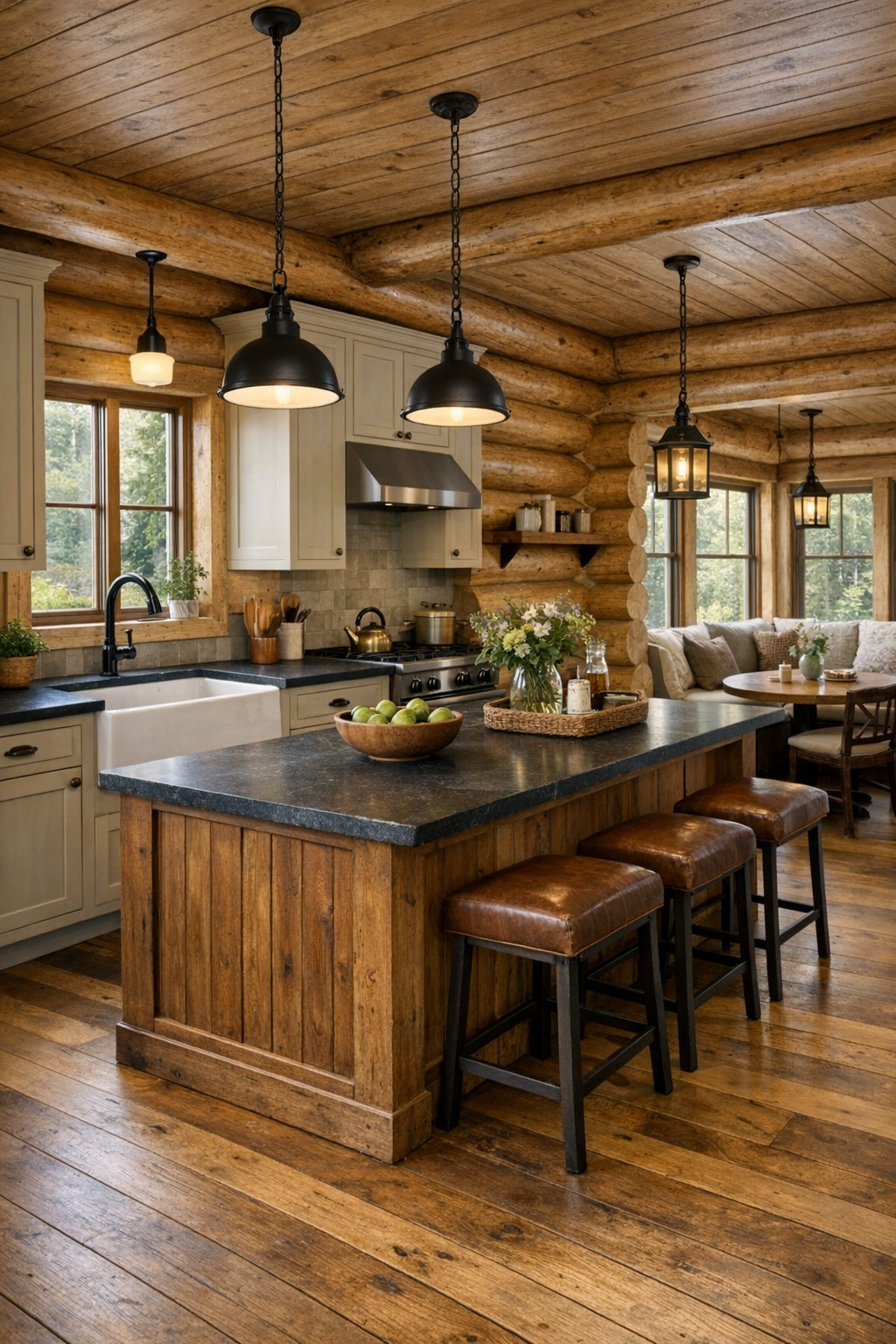 Inviting log home kitchen with painted cabinets and wood island