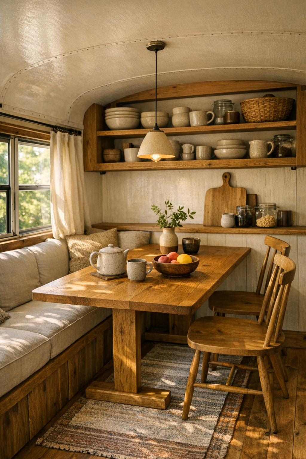 Small dining nook in a converted bus with oak table, bench seating, and spindle-back chairs