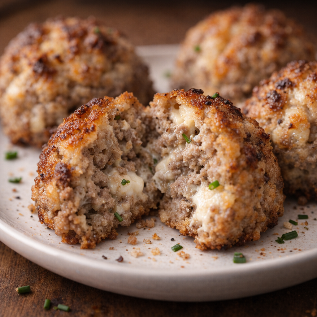 Cooked sausage ball split open to show the center