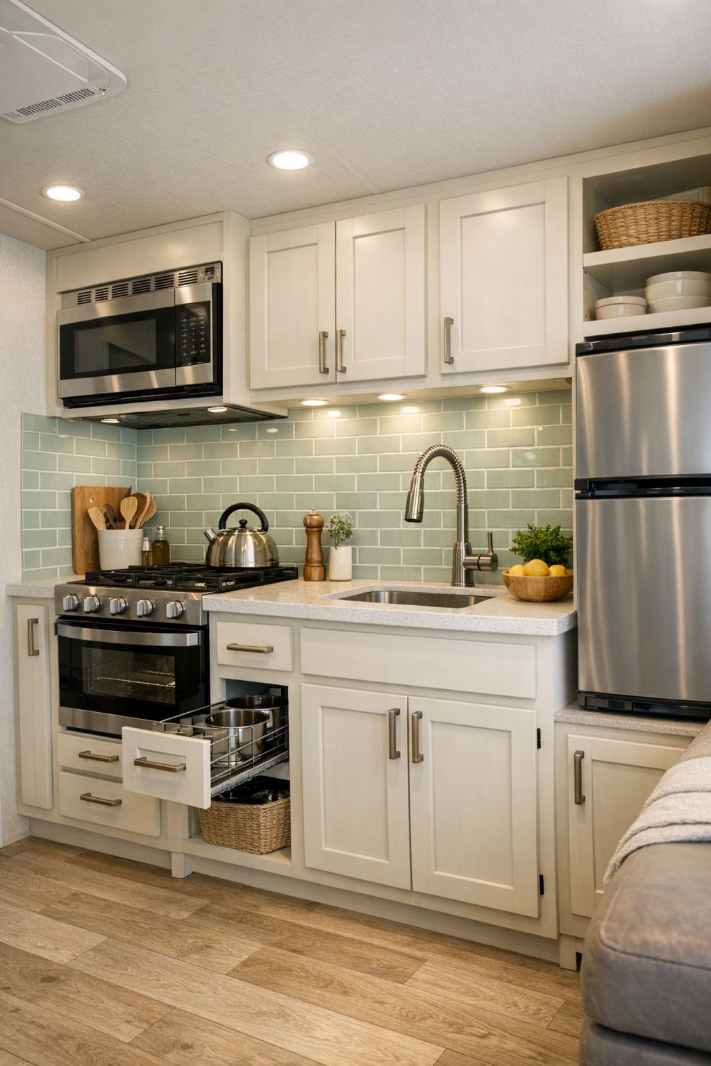 Accessible RV kitchen with ivory cabinets, mint backsplash, and light counters