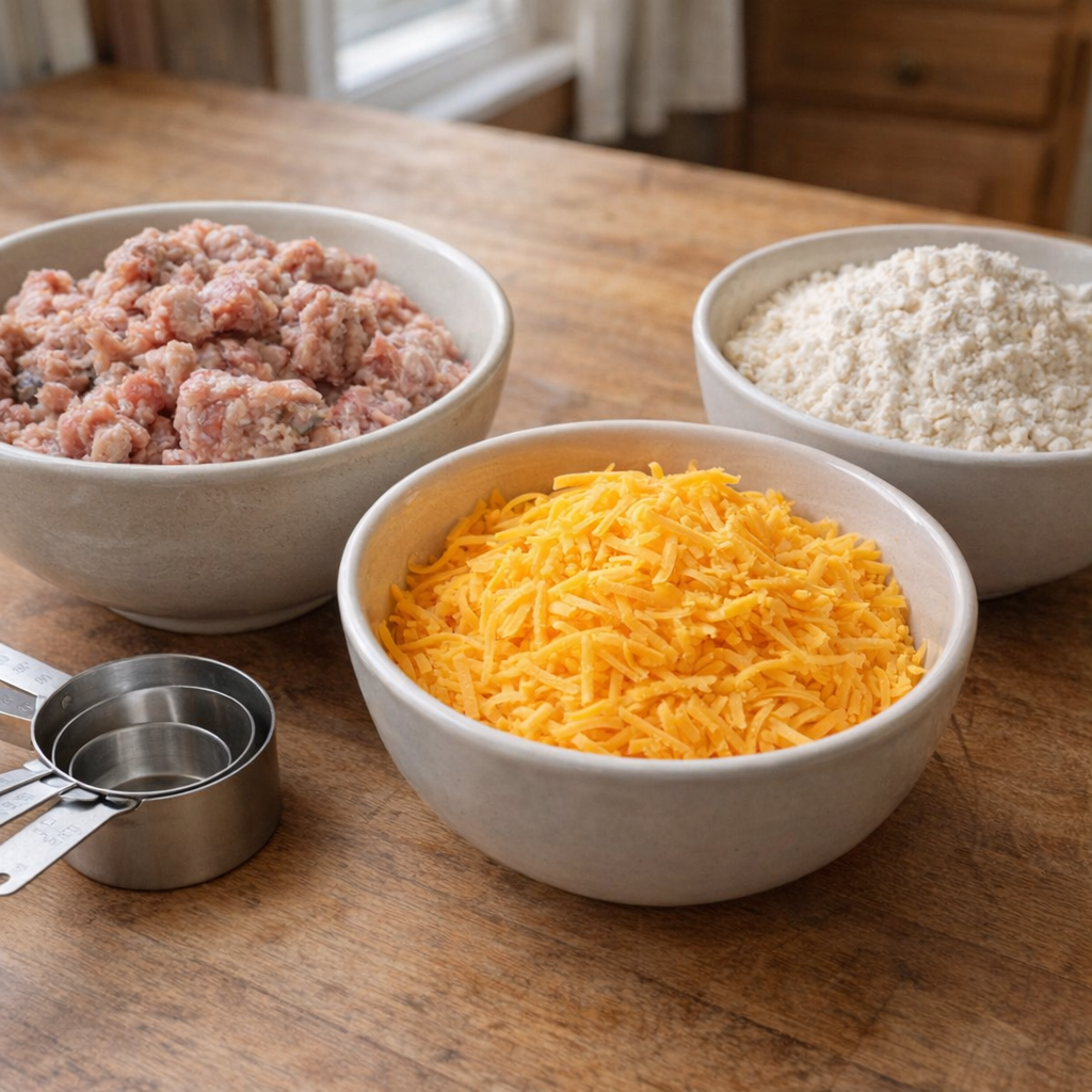 Measured sausage ball ingredients in mixing bowls