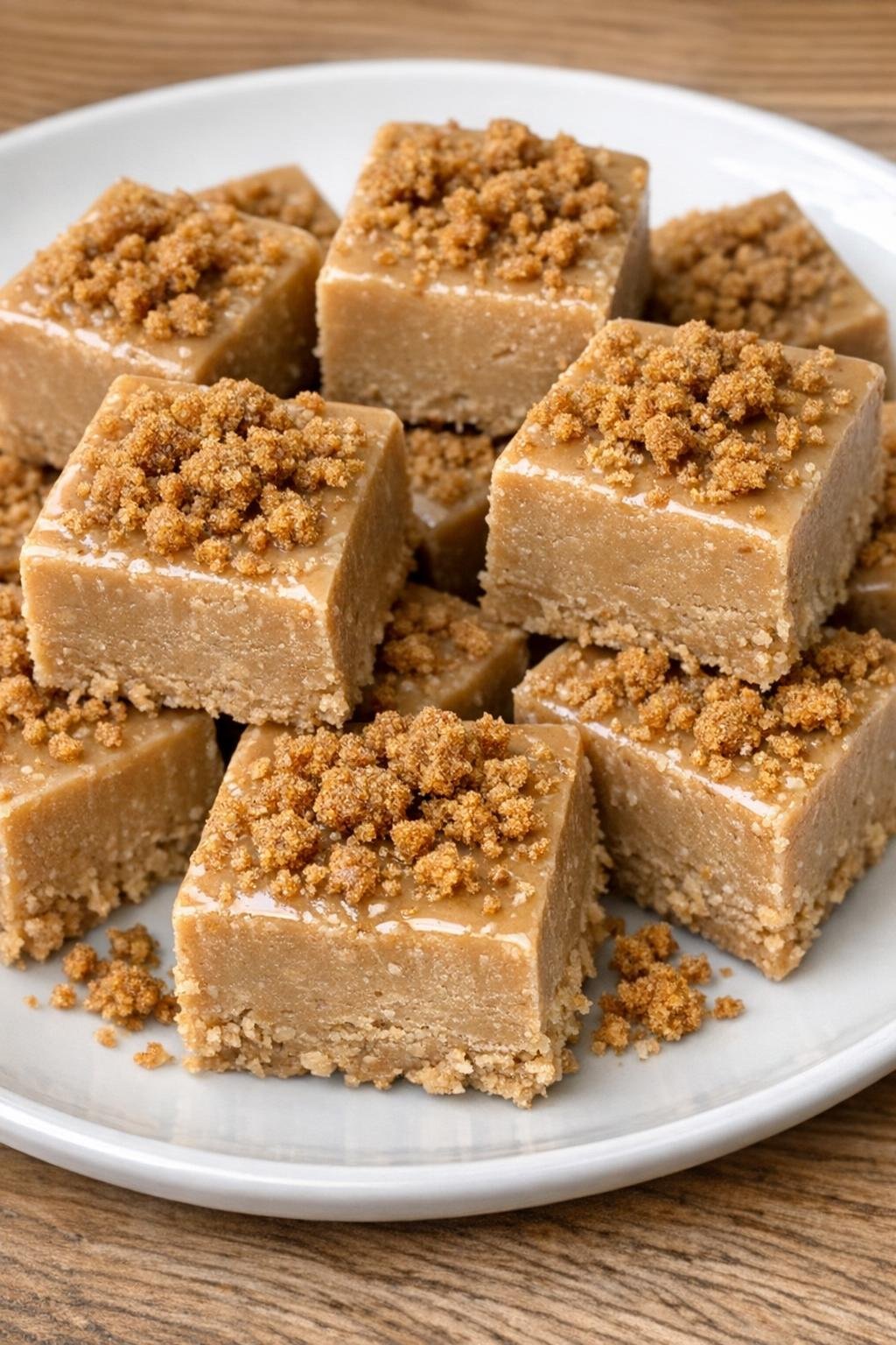 Slow cooker cookie butter latte fudge squares with cookie crumbs