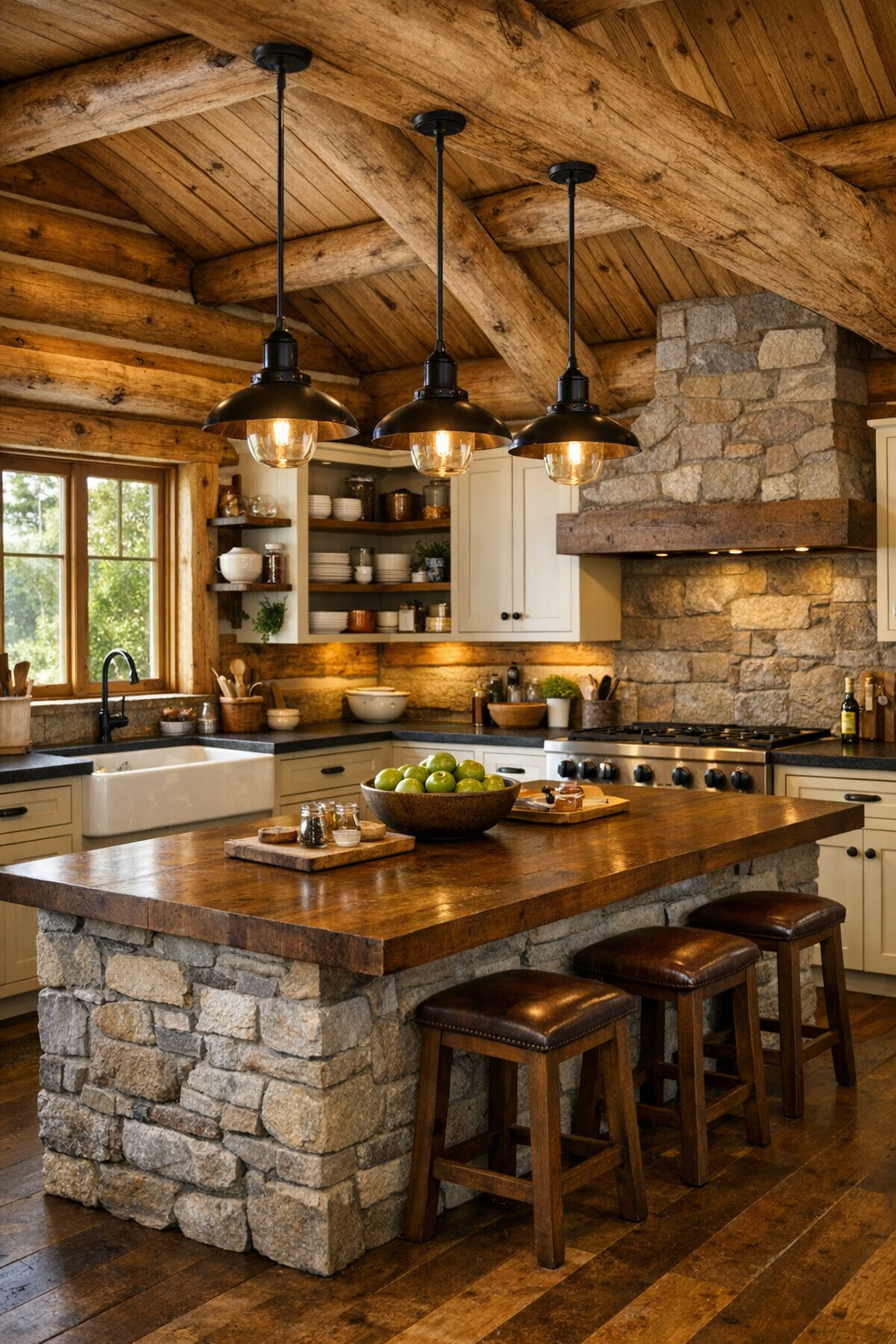 Inviting log home kitchen with cream cabinets and large island