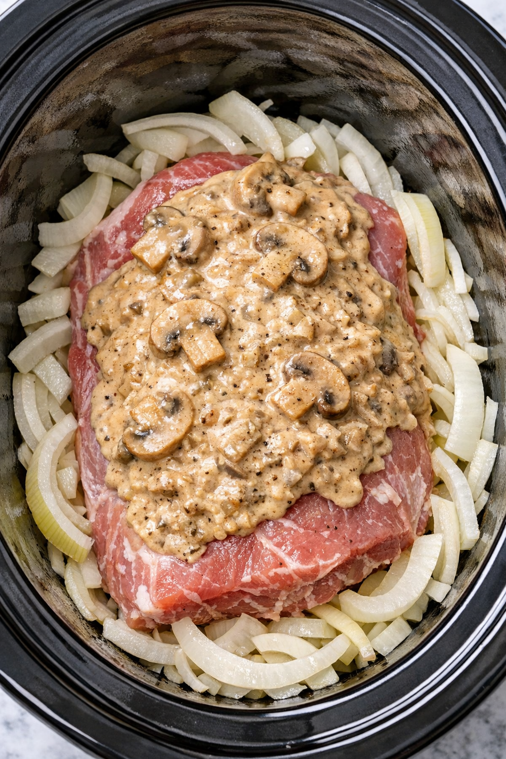 Pork roast covered with sauce in the slow cooker
