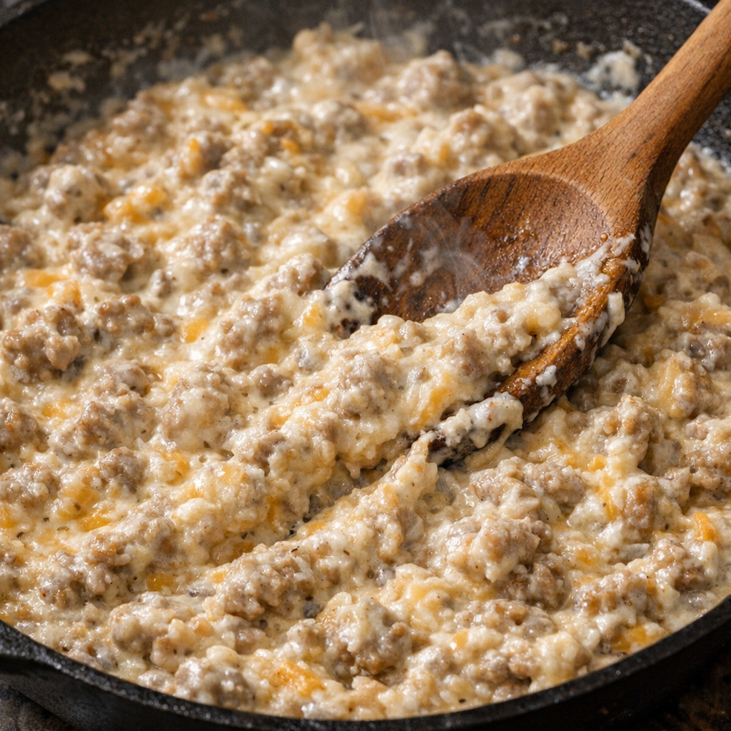Creamy sausage and cheese filling in a skillet