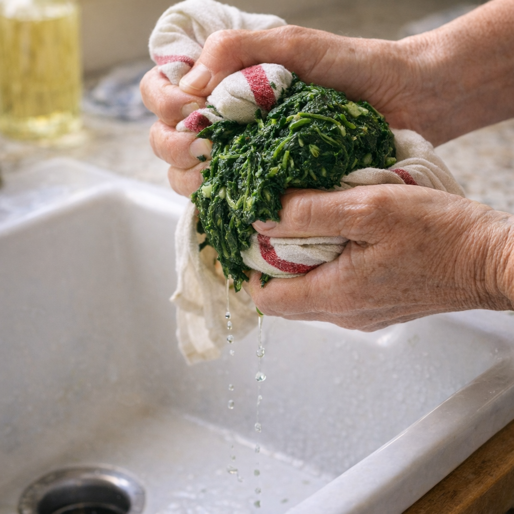 Hands squeezing moisture from thawed spinach over the sink