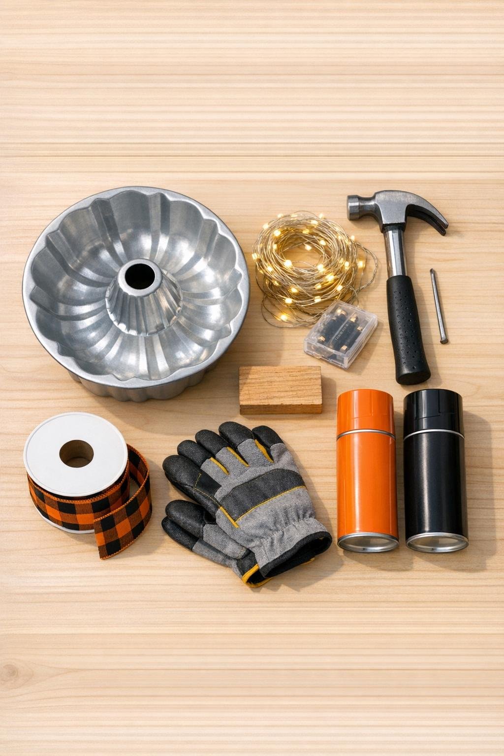 Materials for making a glowing bundt pan wreath laid out on a worktable