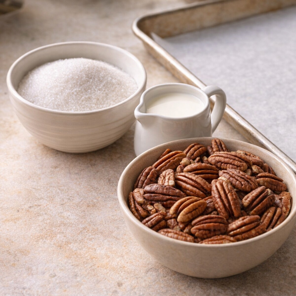 Pecan praline ingredients arranged on a countertop