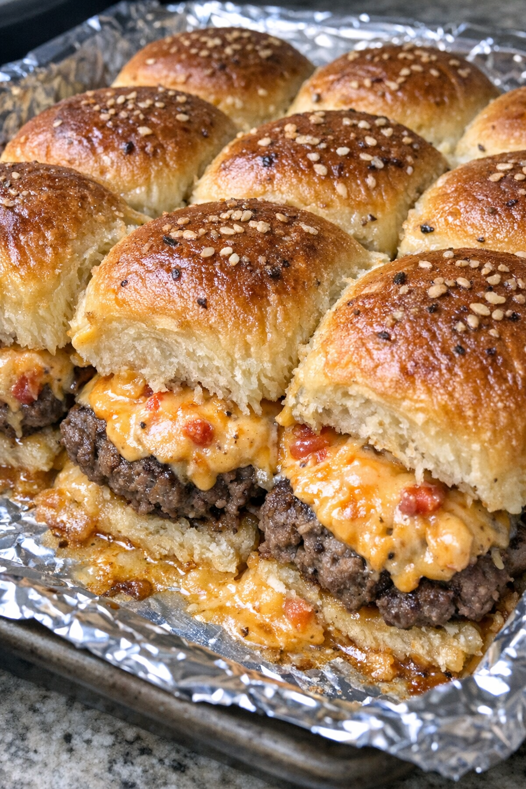 Oven baked beef pimento sliders fresh from the oven