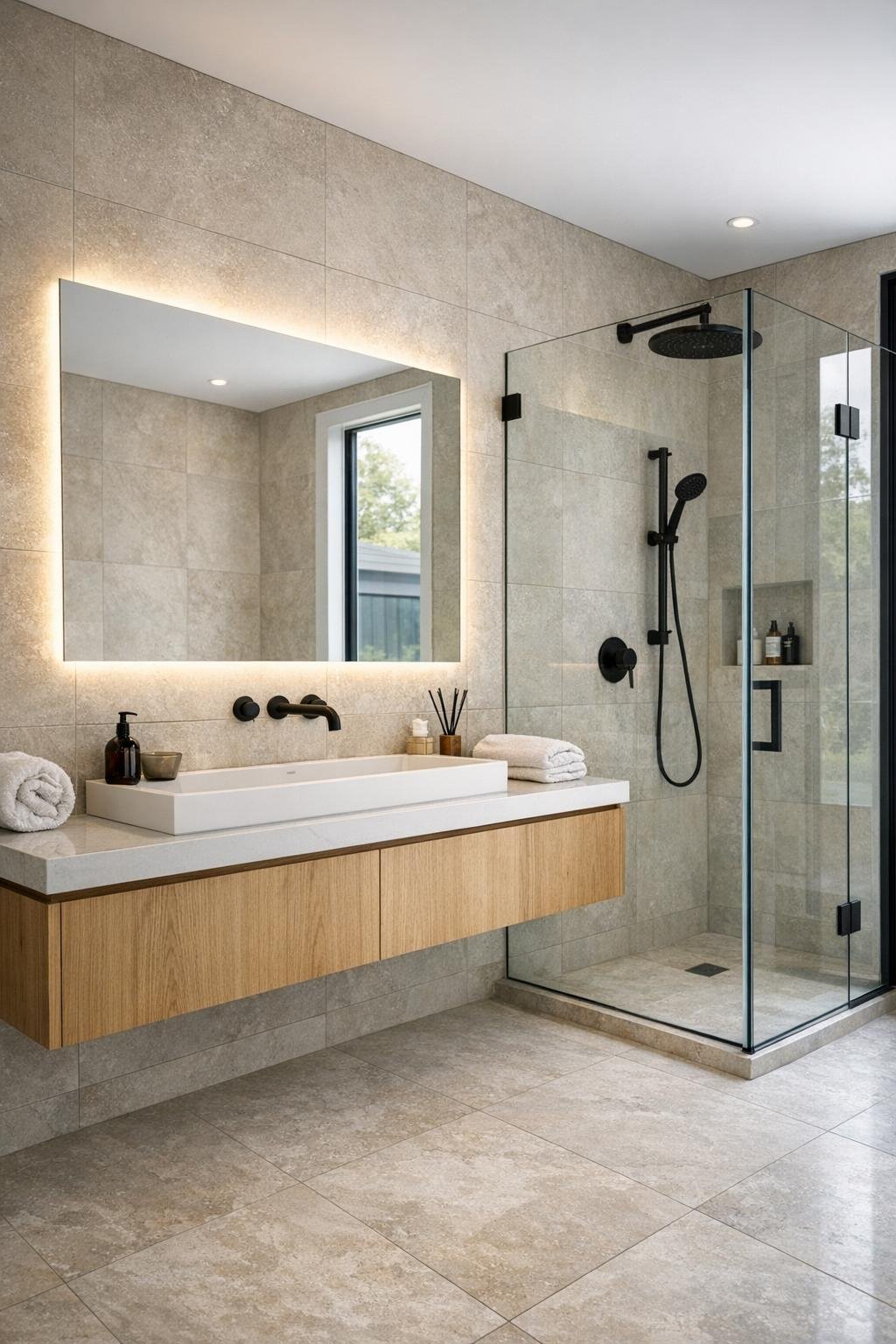 Calm bathroom with limestone-look tile and a floating oak vanity