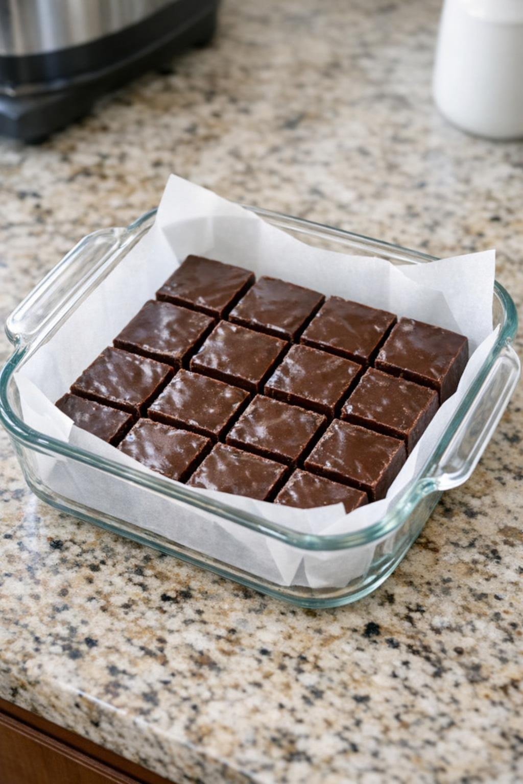 Parchment-lined baking dish on the counter