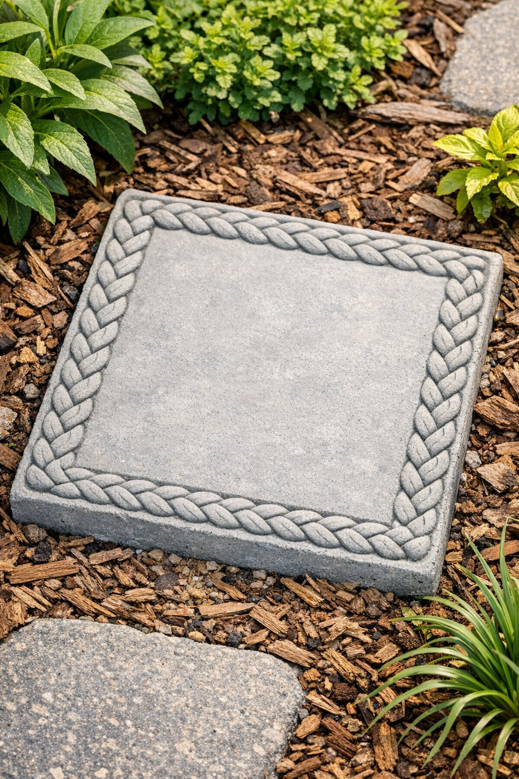 Finished braided-edge cement garden paver in a garden setting