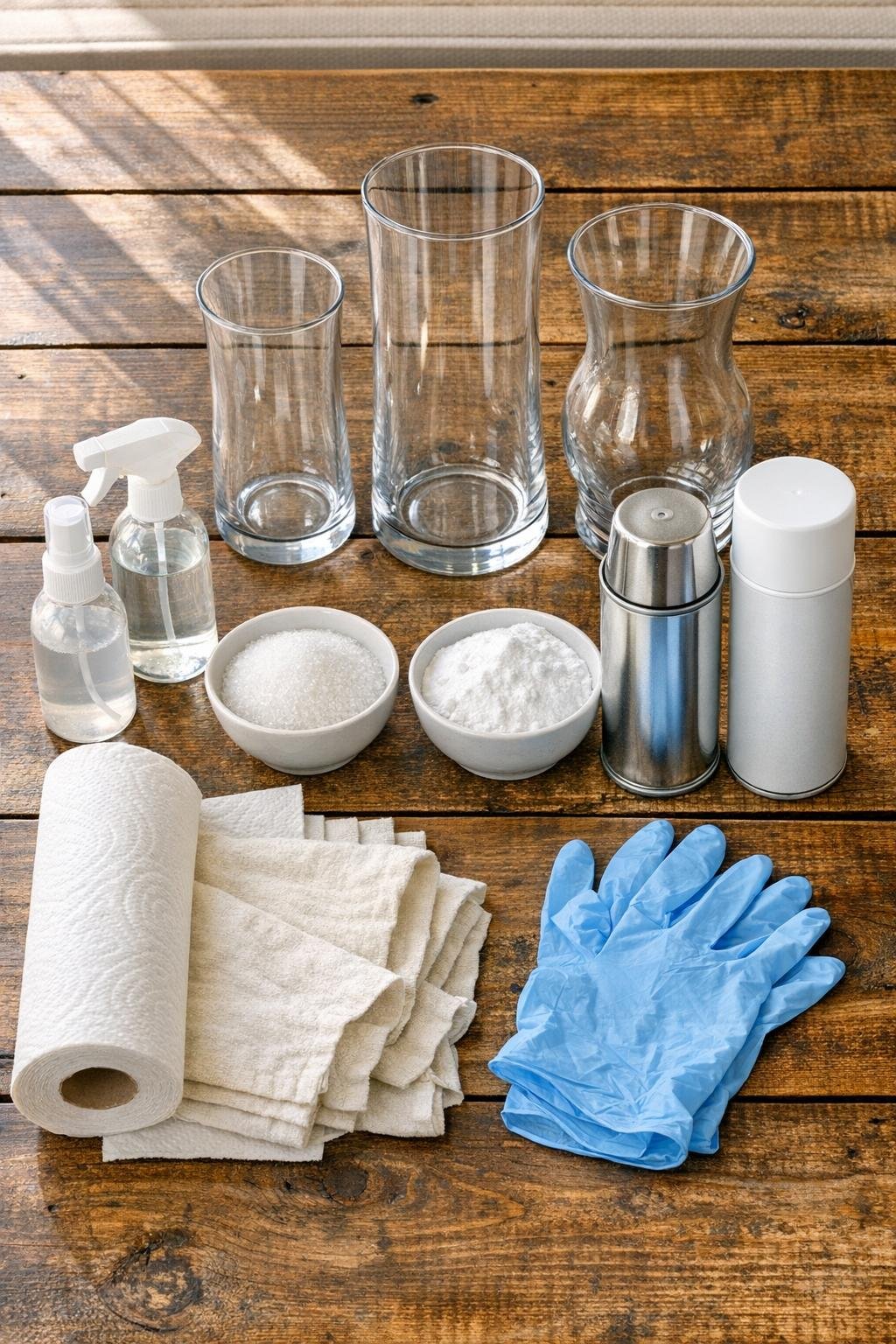 Materials for faux mercury glass harvest vases laid out on a table