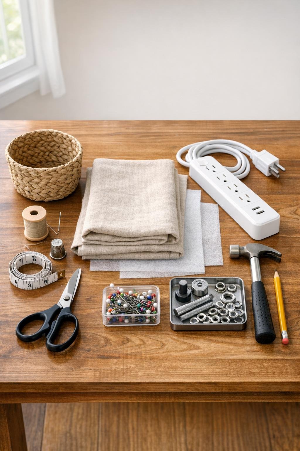 Materials for a basket charging station laid out together