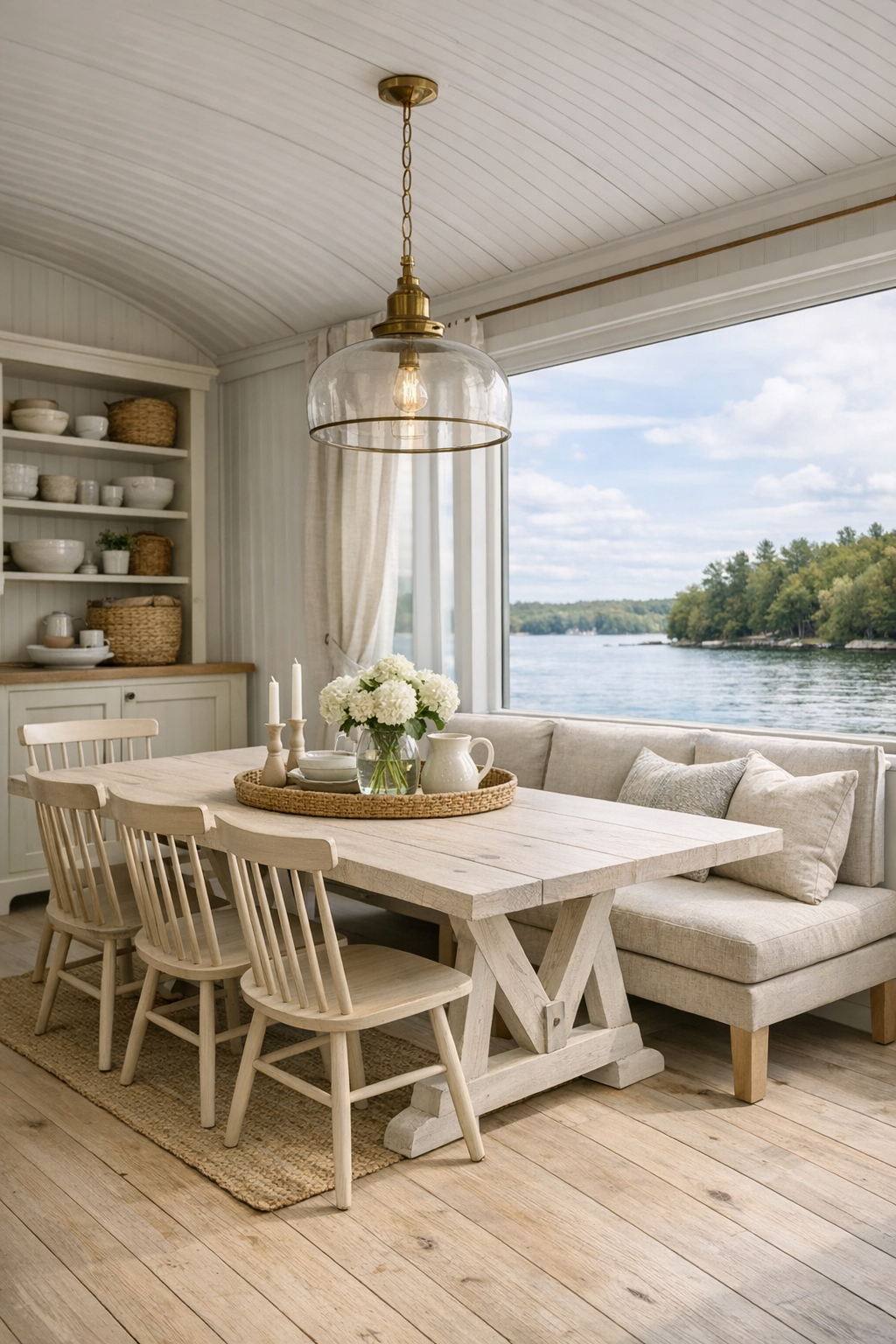 Accessible country-style dining room with oak trestle table and bright waterfront window