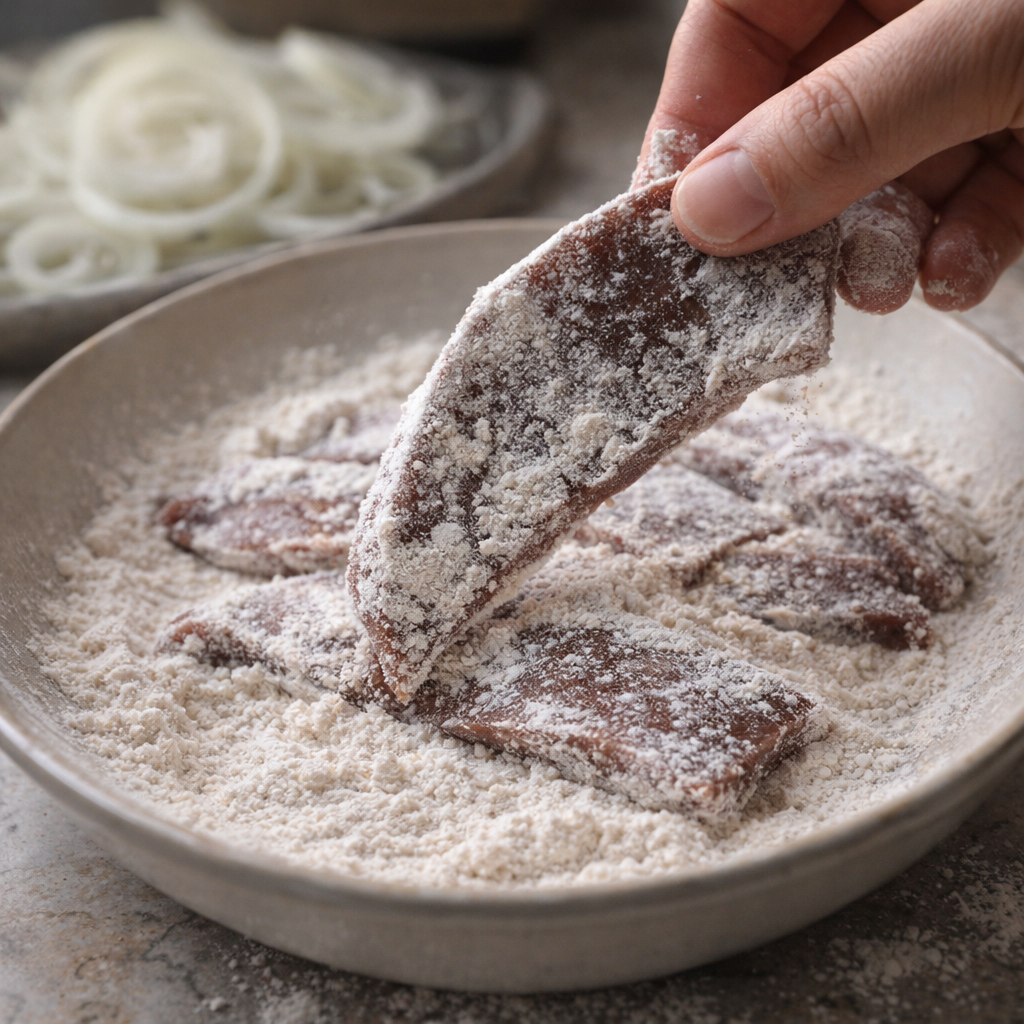 Pork liver slices lightly dredged in flour