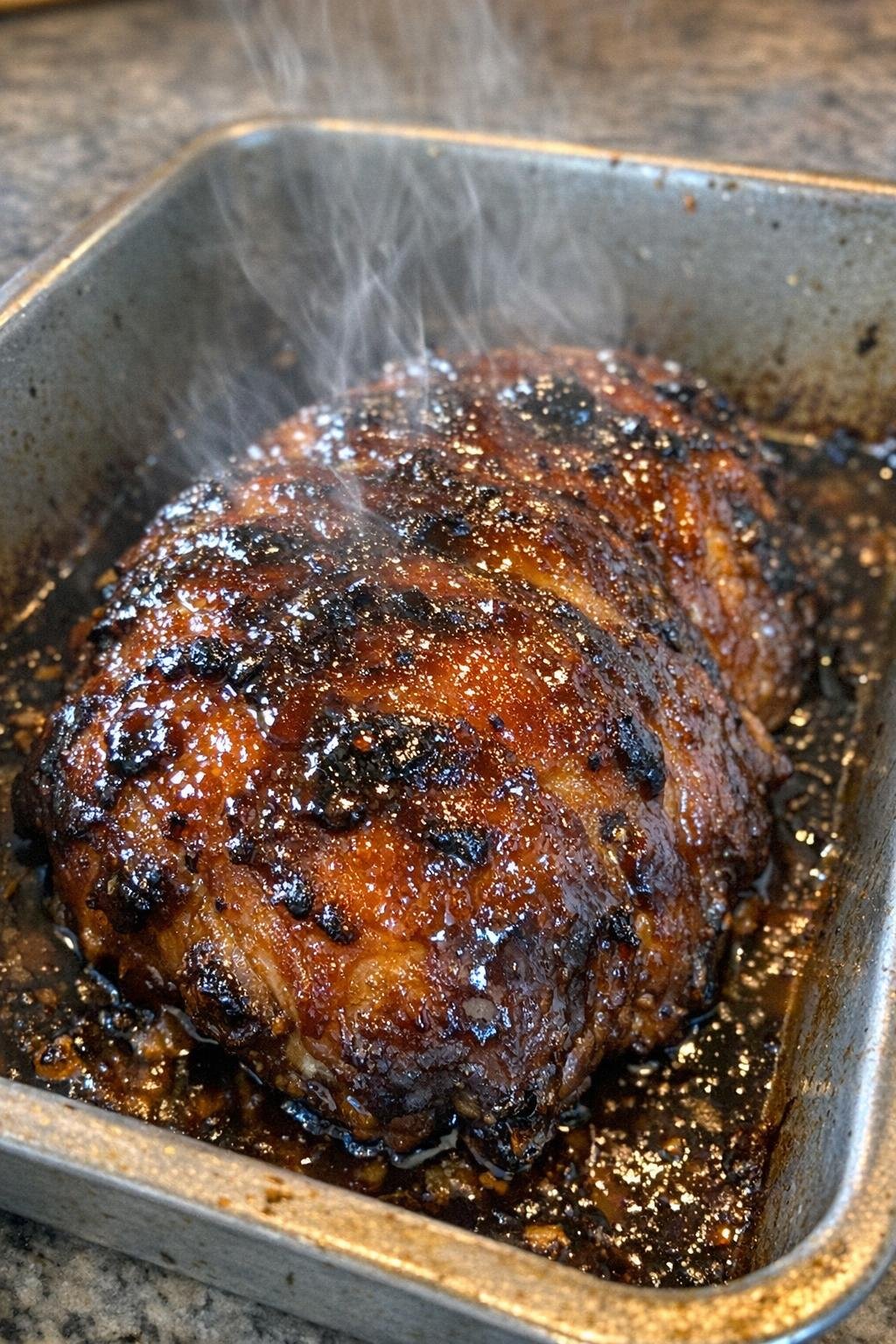 Succulent roasted protein in a metal baking pan