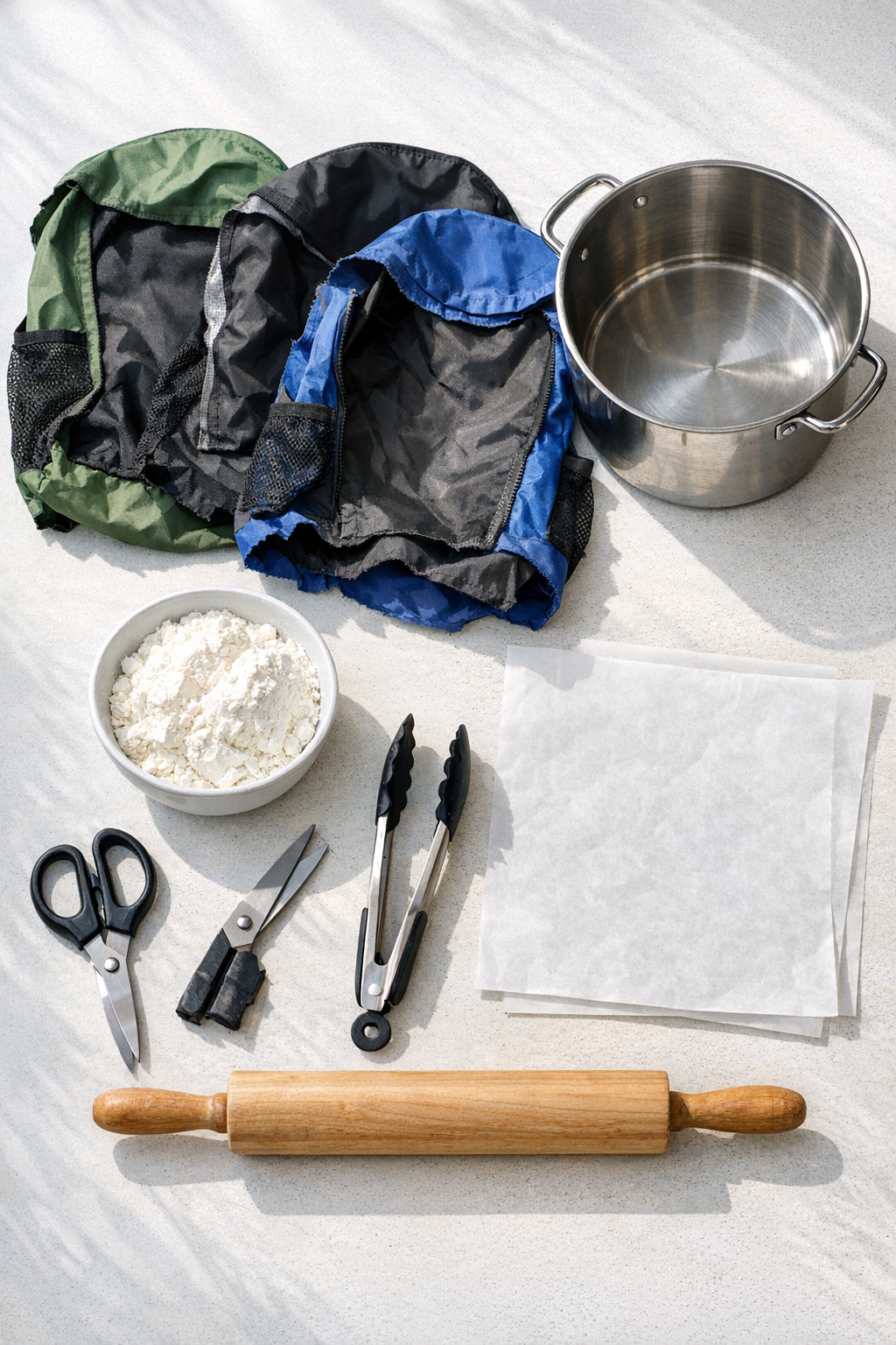 Old nylon backpacks, cornstarch, and basic cutting and boiling supplies laid out on a work surface