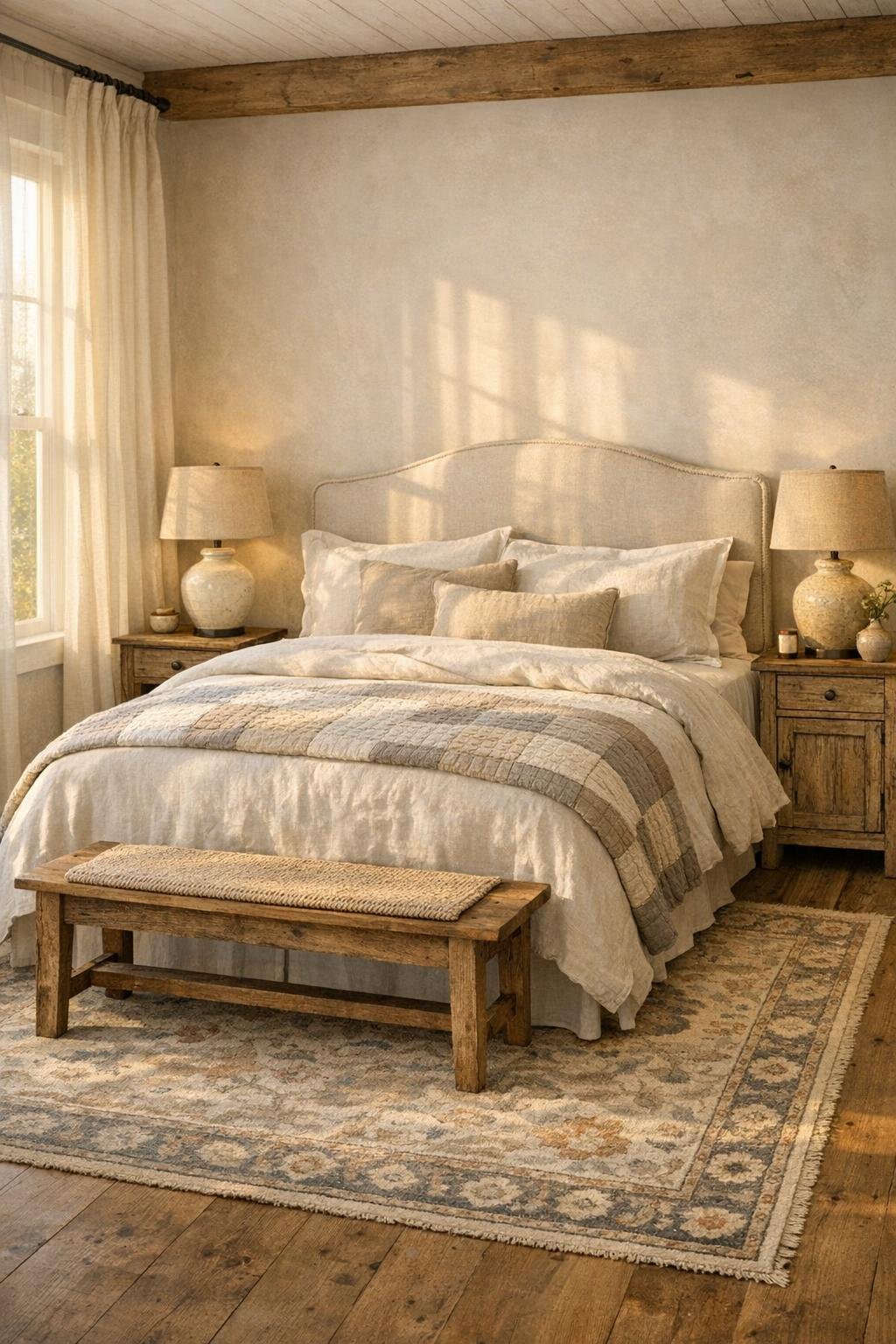 Quiet farmhouse bedroom with linen bedding, weathered wood furniture, and soft natural light