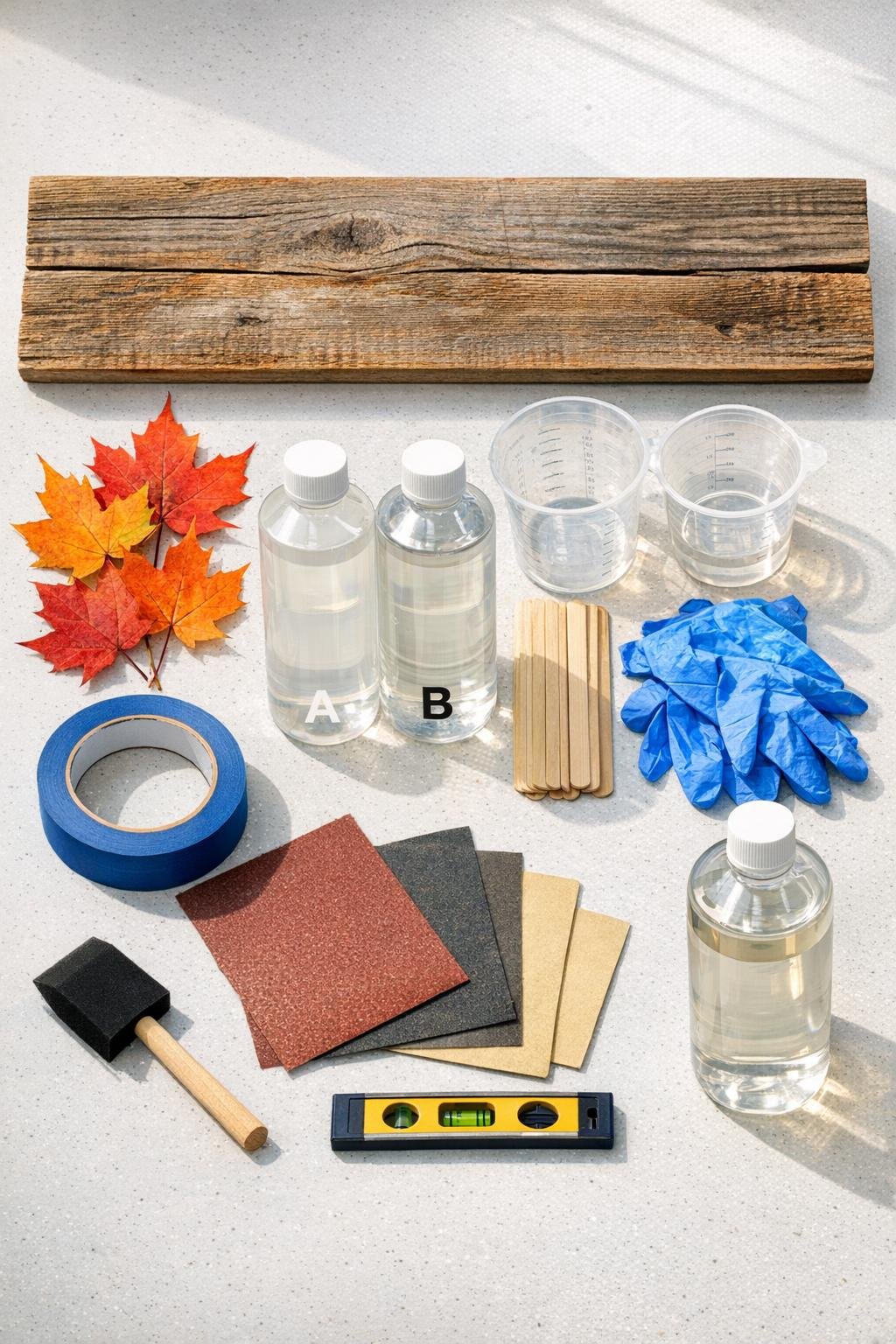 Materials for a resin maple leaf table runner laid out on a wood work surface
