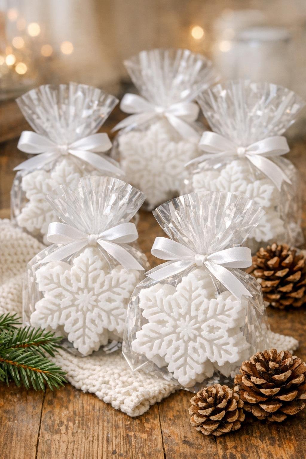 Finished snowflake gift soaps wrapped in cellophane