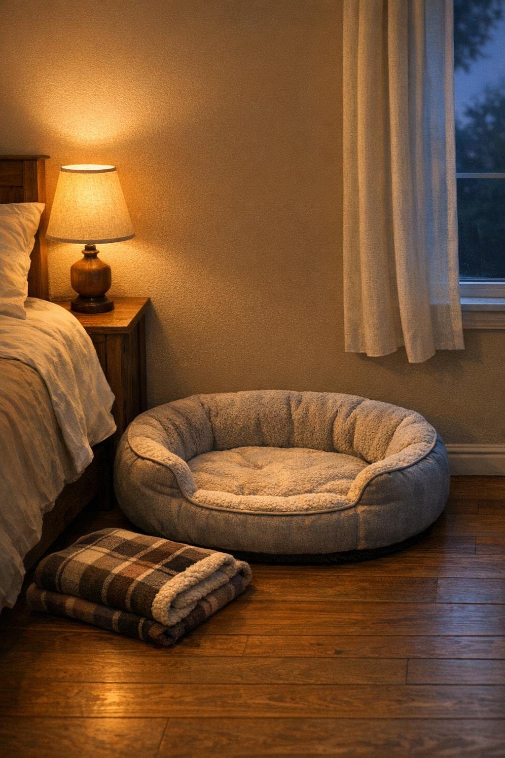 A bedside area with an empty dog bed and folded blanket