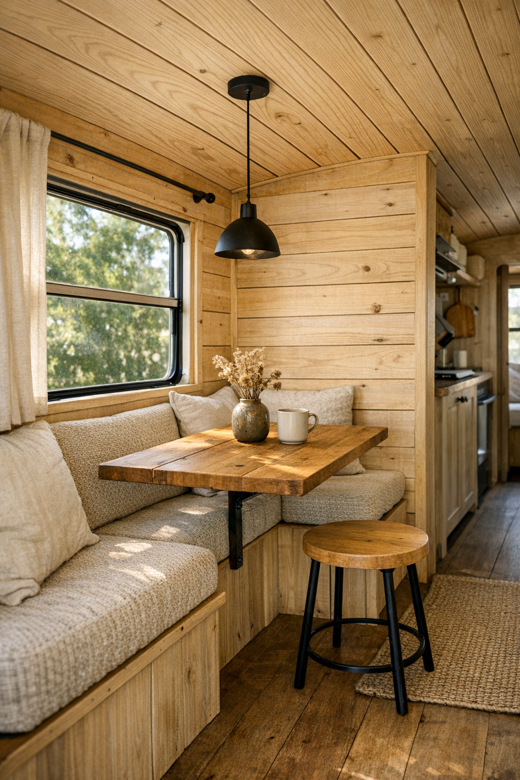 Compact dining nook inside a converted bus with built-in wood table and bench seating