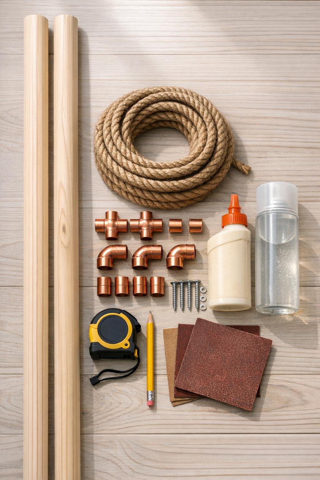 Materials for a jute rope and wood blanket ladder laid out neatly