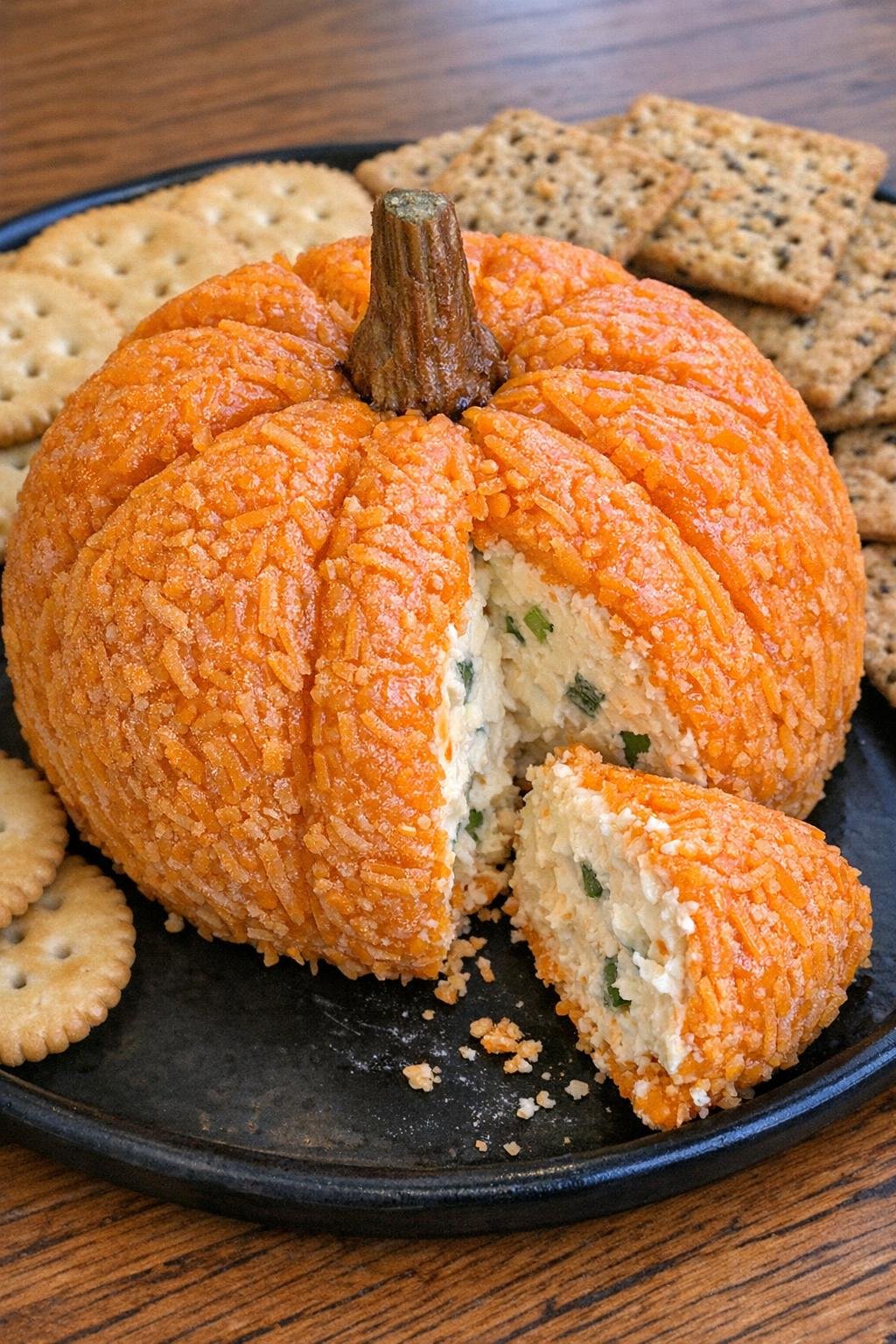 Pumpkin-shaped cheese ball with creamy center