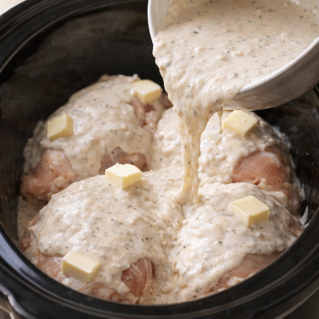 Creamy soup mixture poured over chicken in the slow cooker