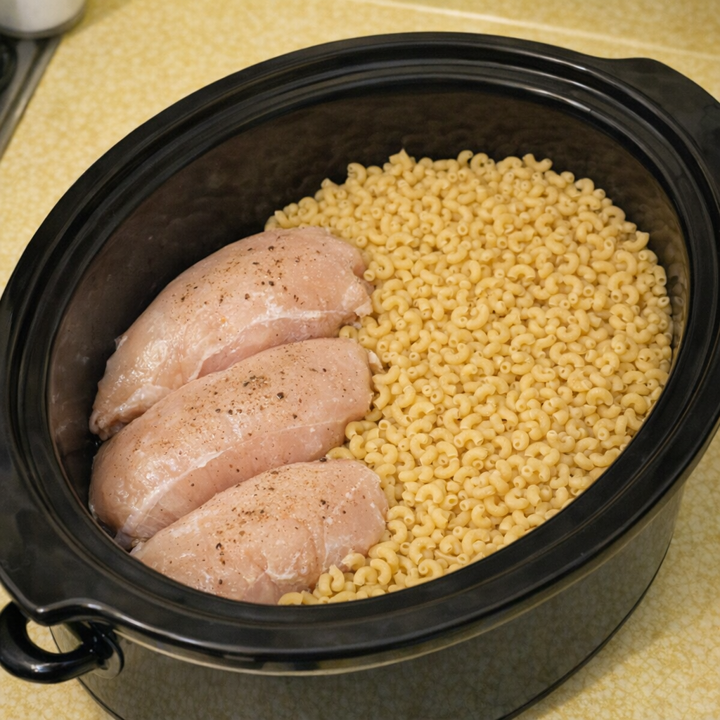 Chicken breasts and dry macaroni arranged in a slow cooker