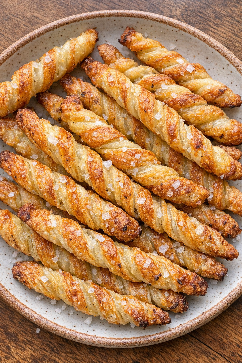 Twisted golden crispy potato sticks on a ceramic plate