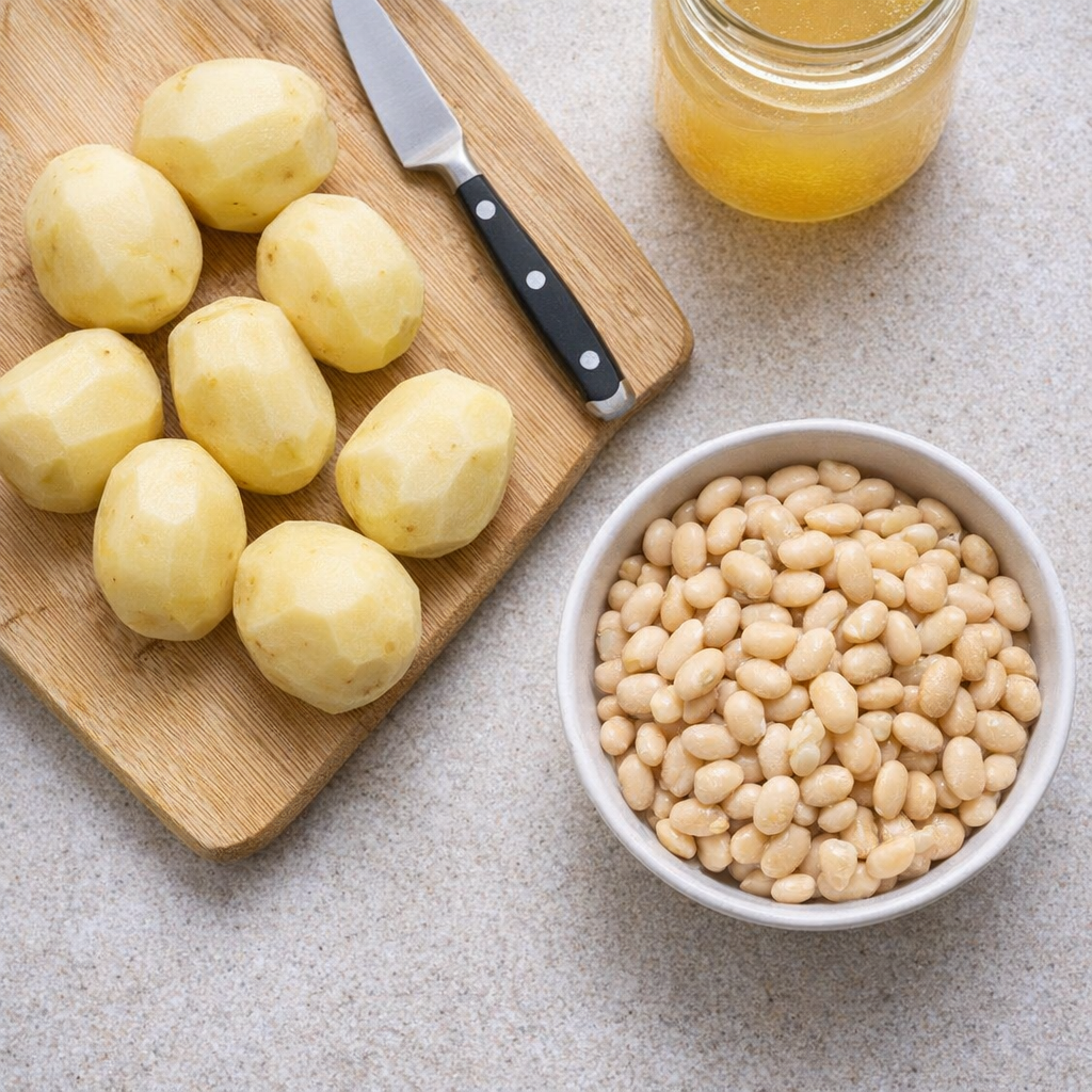 Simple ingredients for potato and butter bean stew laid out on a counter