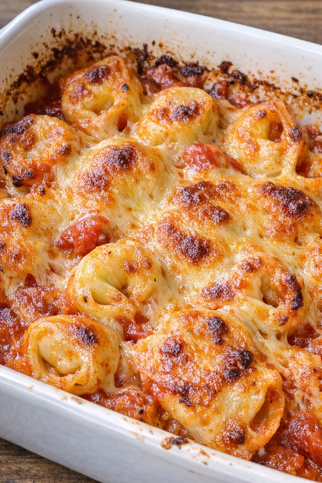 Golden cheddar tortellini baked in a white casserole dish