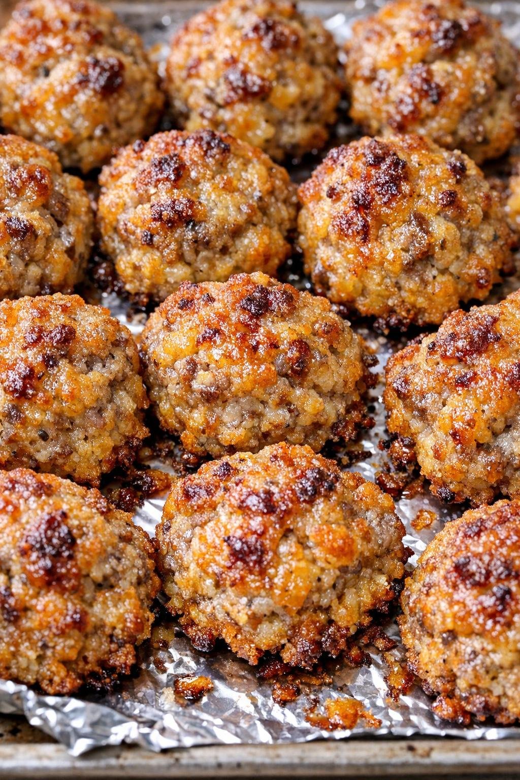 Southern 3-ingredient golden sausage bites on a foil-lined baking tray