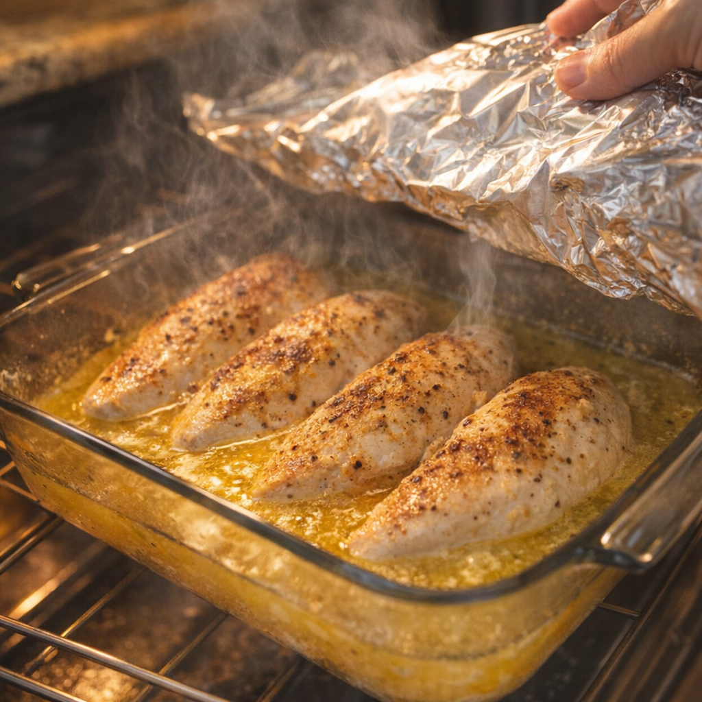 Foil being lifted from a hot baking dish of lemon chicken