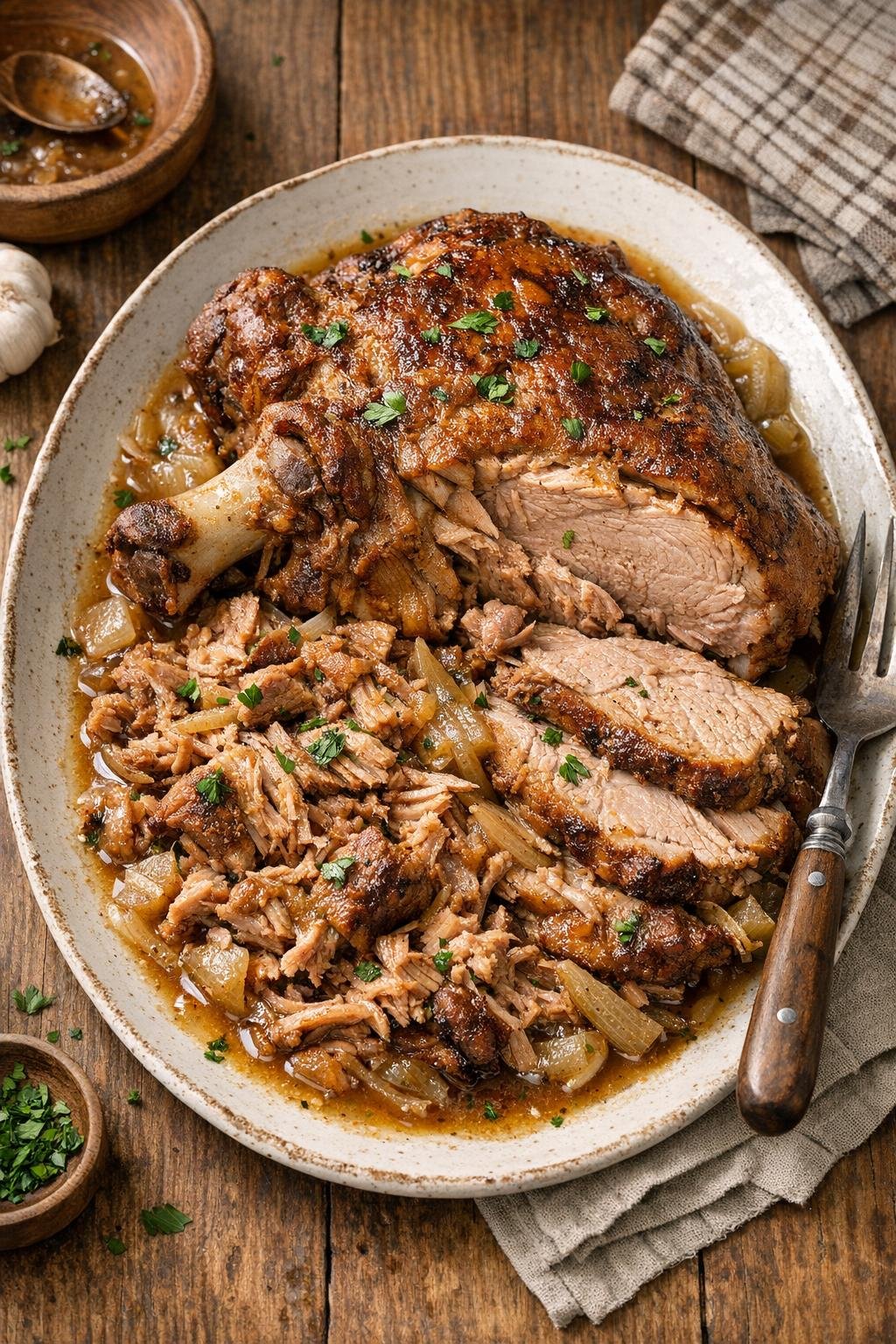 Finished slow cooker pork shoulder roast on a platter