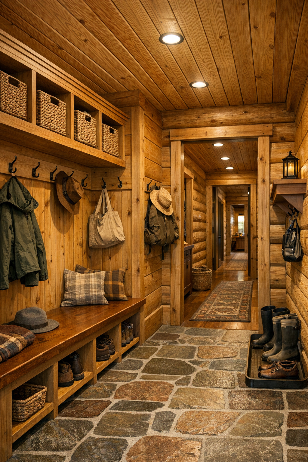 Mudroom and hallway with built-in bench, storage cubbies, and durable natural finishes