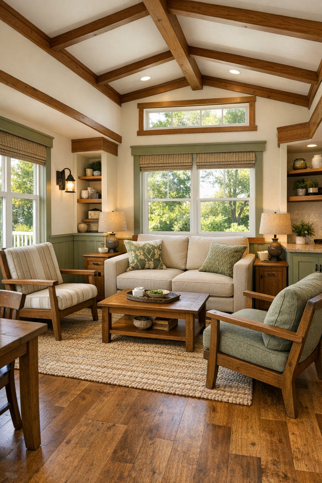 Bright craftsman-style living room with sage accents, warm wood trim, and cozy seating