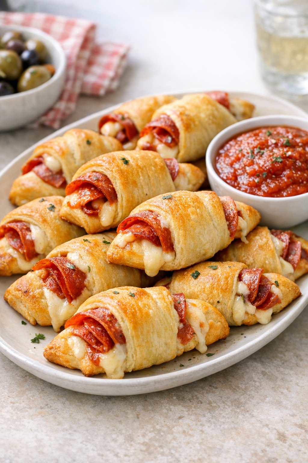 Finished crescent pizza rolls plated with marinara