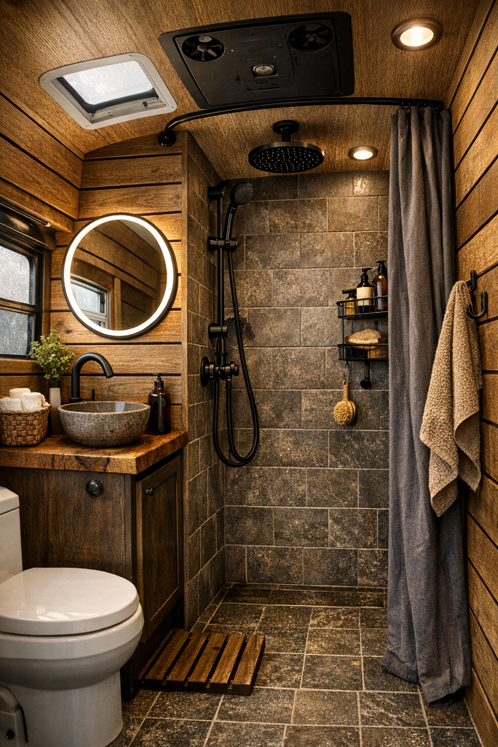 Compact rustic bus bathroom with shower, wood slats, and small vanity