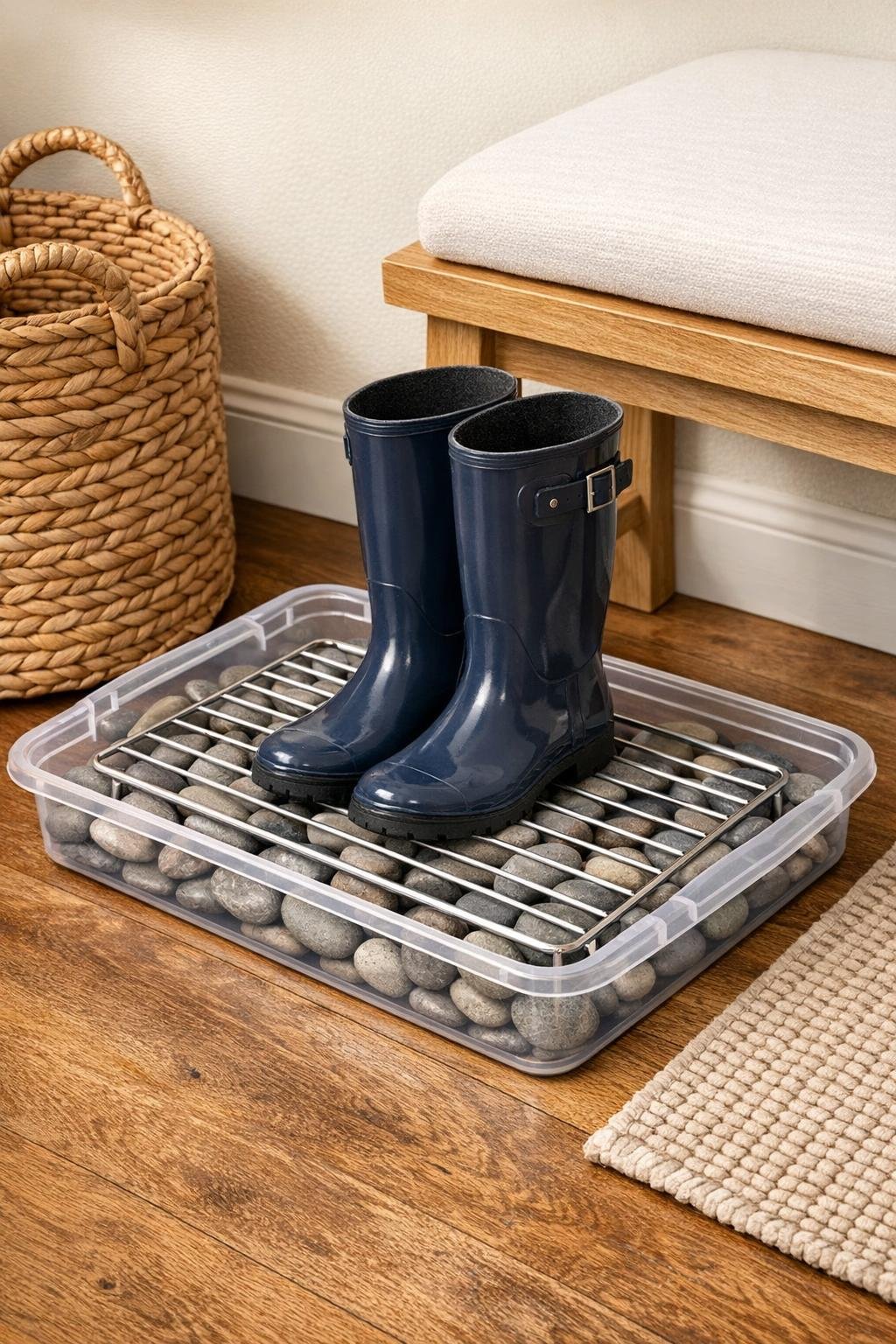 Finished DIY boot tray liner in a small hallway