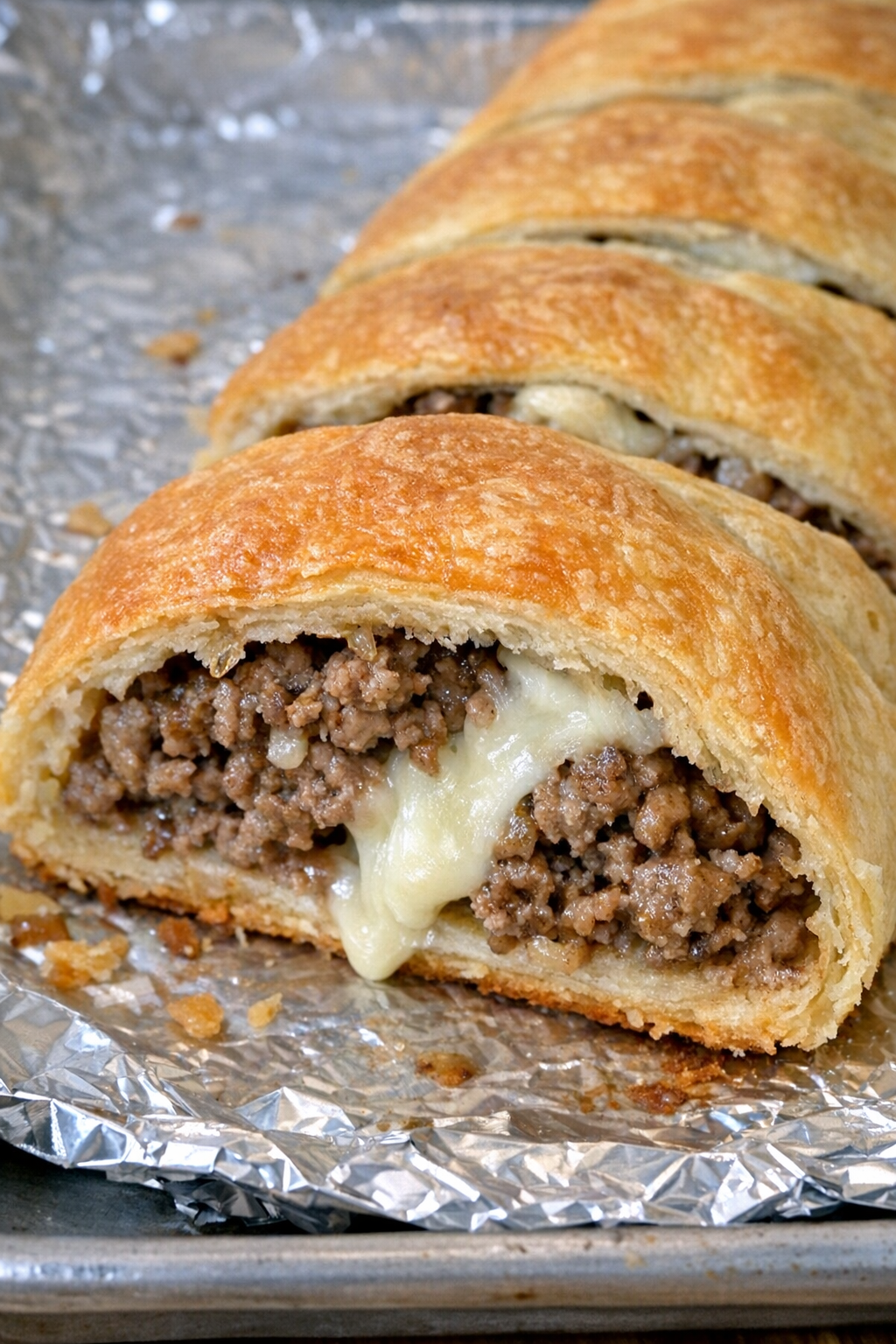 Oven baked beef crescent strudel sliced on a foil-lined baking sheet