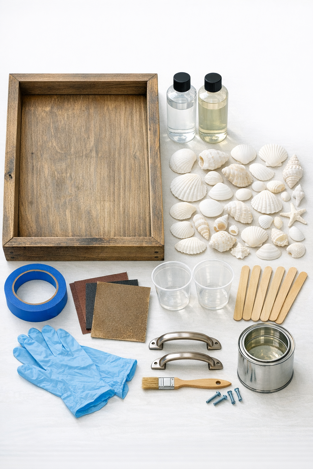 Materials for making a seashell epoxy serving tray laid out on a worktable