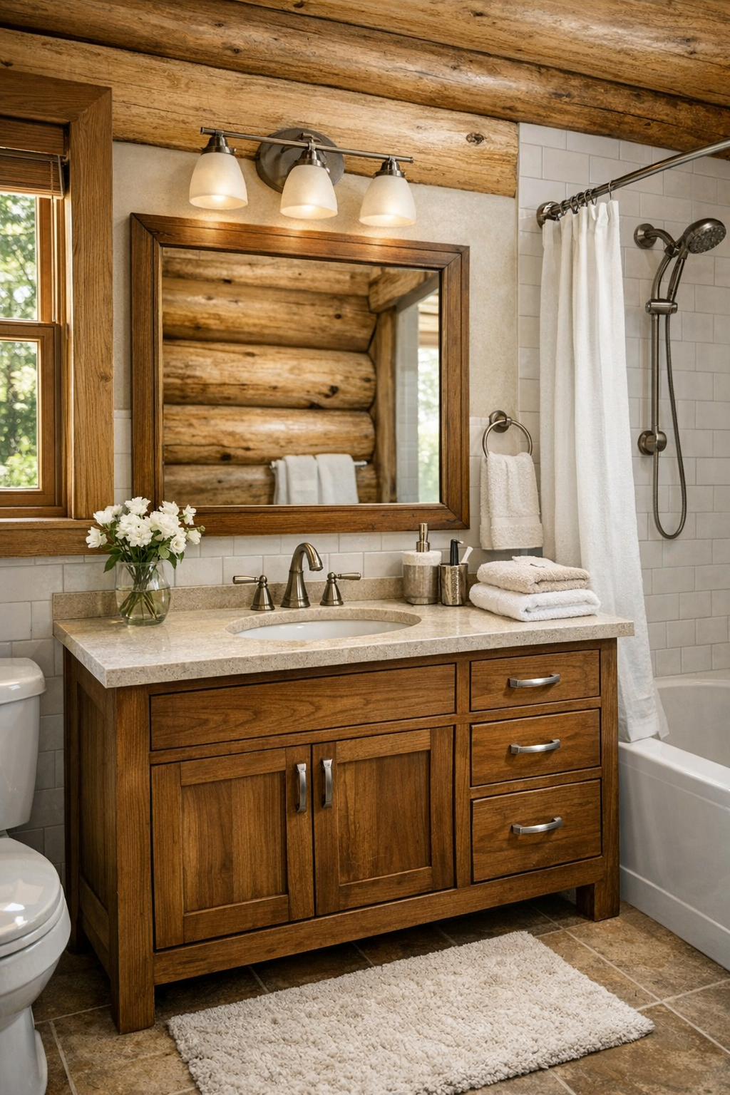 Traditional bathroom with wood vanity, light stone counter, and bright classic tile