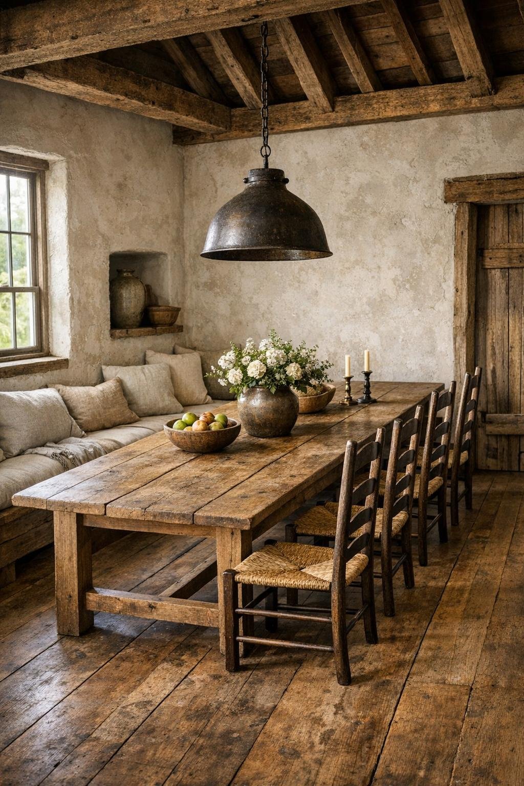 Dining room with a long oak harvest table, mixed seating, and warm metal lighting in a farmhouse granary conversion