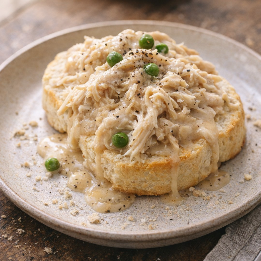Open-faced biscuit topped with creamy shredded chicken