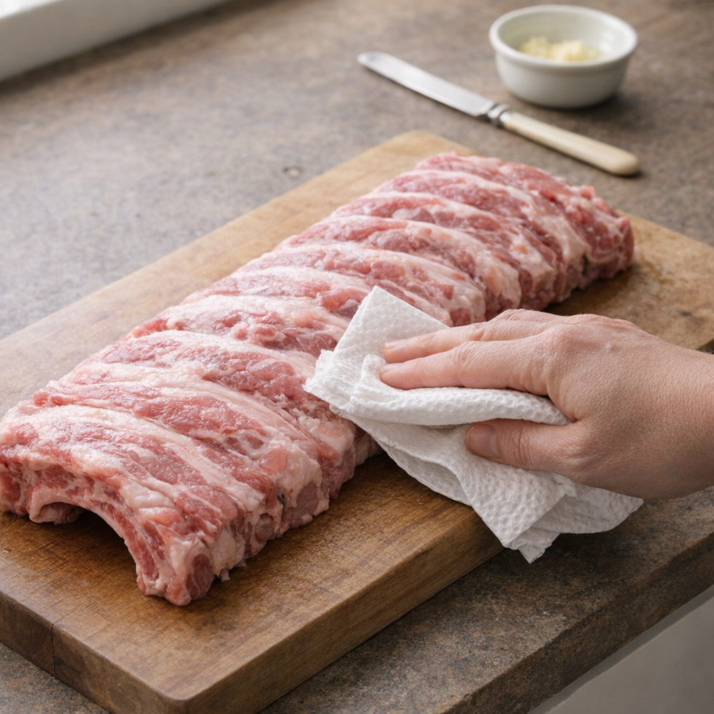 Raw sparerib rack being dried on a cutting board